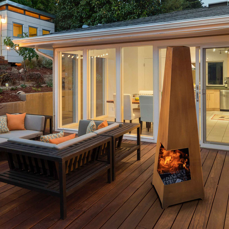 Gebke Square Steel Wood Burning Smokeless Chimnea, Corten Steel