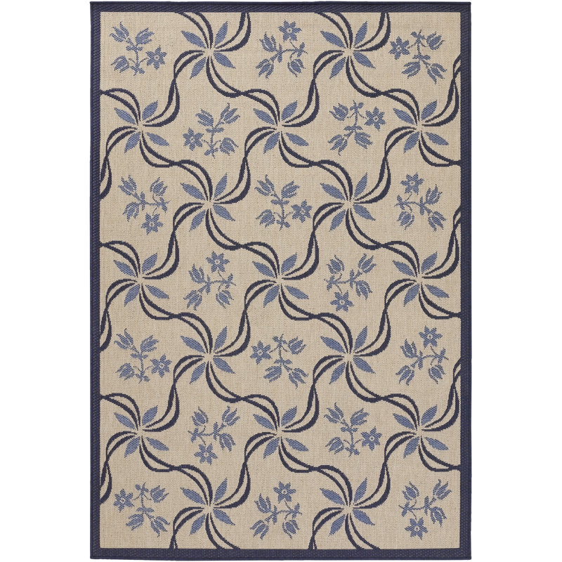 Leibowitz Authentic Machine Woven Blue, Tan Floral Blue Border Indoor/Outdoor Area Rug, Rectangle 5'2" x 7'5"