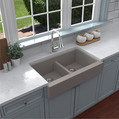 Karran Retrofit Farmhouse Apron Front Quartz Composite 34'' X 21-1/4'' 50/50 Double Bowl Kitchen Sink