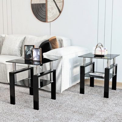 De 2 tables de bout modernes en verre trempé, table basse carrée noire pour le salon, 17,81 po, 17,81 po, 20,5 po, capacité de 150 lb, facile à assembler et à garder propre, 2 pièces, table de chevet, chambre à coucher, rinçage de 150 lb