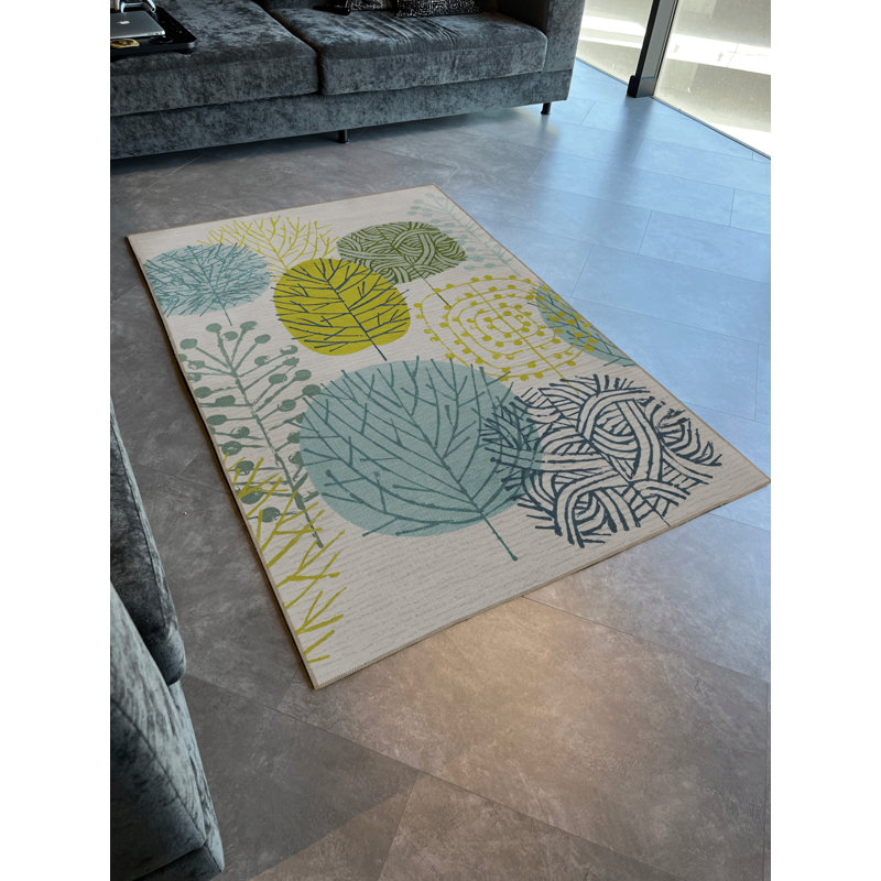 Tapis décoratif moderne bleu-beige à motif de feuilles et de lierre, Rectangle 4 pi 11 po x 9 pi 10 po