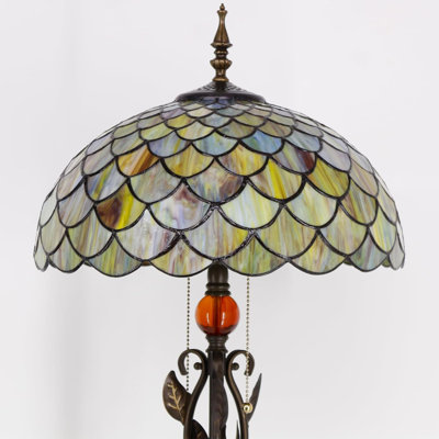 Tiffany-Style Stained Glass Floor Lamp, Antique Bronze Pole With Fish Scale Design - 70" Height, 16" Shade Width
