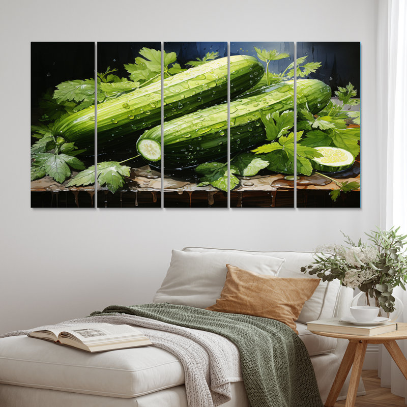 Légume vert courgette - art mural sur toile de ferme - 5 panneaux égaux