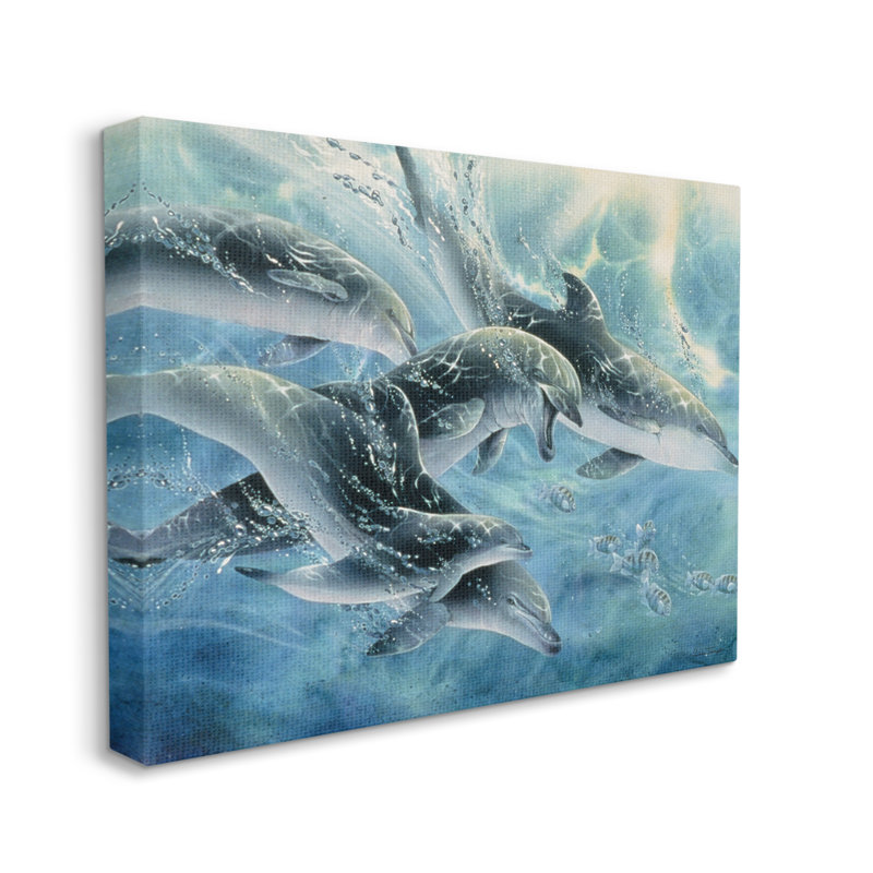 «Au-504-Canvas Playful Passage Dolphins Natation sur toile» par Linda Thompson, peinture, H 16 po x l 20 po x P 1,5 po