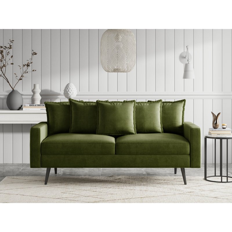 70" Velvet Square Arm Sofa, Olive Green Velvet, Black