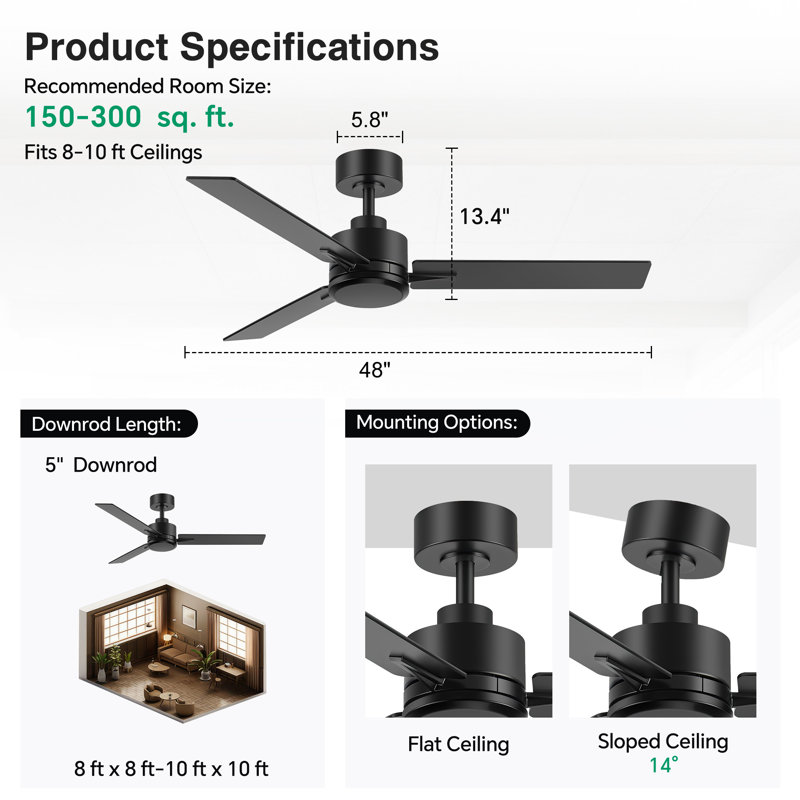 48" Modern Ceiling Fan with Remote, 3-Blade Indoor Ceiling Fan, Quiet Reversible DC Motor, 6-Speed Downrod Mount Fan, Black Finish, Sloped Ceiling Compatible