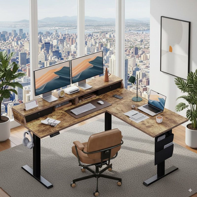 63” L-Shaped Electric Standing Desk, Ergonomic Corner Height Adjustable Desk with Drawers, Sit-Stand Computer Table with Storage for Home & Office