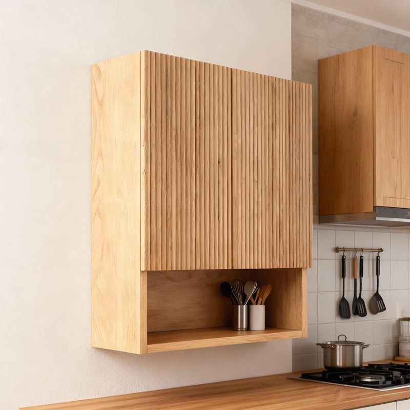 Armoire murale rayée avec portes, tablette et rangement ouvert, Bois naturel
