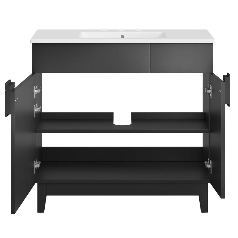 Modway Miles 36'' Free Standing Single Bathroom Vanity with Ceramic Top, Black, White