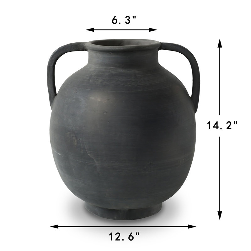 Approx.14" Pottery Vase with Two Decorative Handles Warm Soil Tone (6.3" Opening), 14" H x 13" W x 13" D, Black