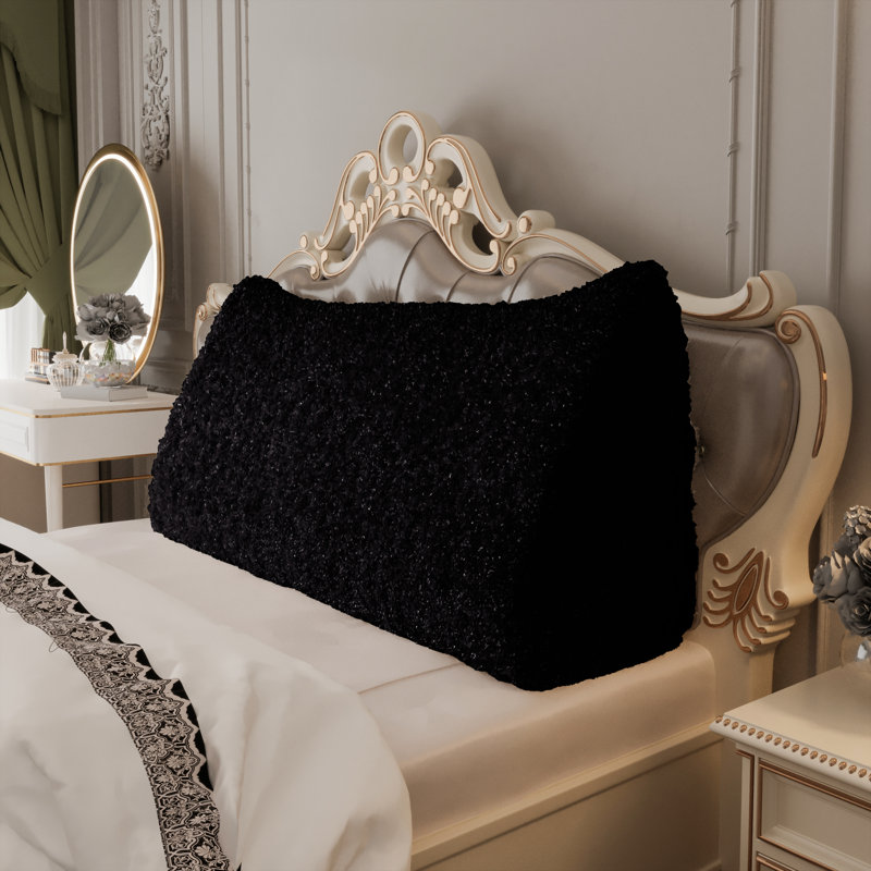 Sit-up Back Comfort Plush Fur Headboard Wedge Reading Pillow Back Support Backrest Cushion Compression, Queen, Black