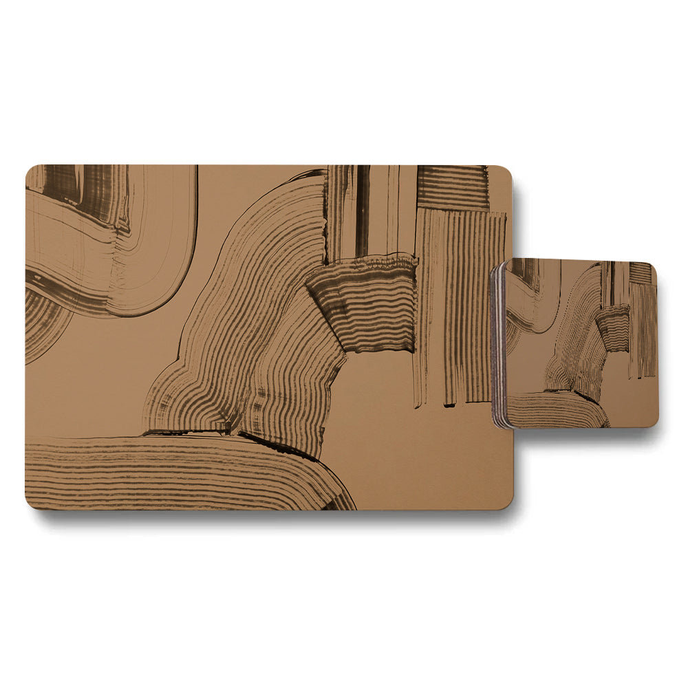 Tan Abstract Line Art Placemat and Coaster Set for Dining Table