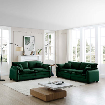 Ensemble de canapés familiaux avec canapé à assise profonde, canapé chaleureux pour le cinéma maison et le salon, un canapé 2 places et un canapé 3 places, velours côtelé vert