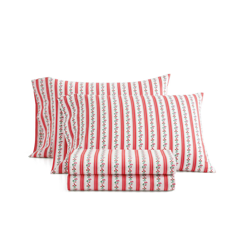 Martha Stewart Rose Ribbon Percale Cotton Red Sheet Set, King Sheet Set with 2 Pillowcases, Red Striped