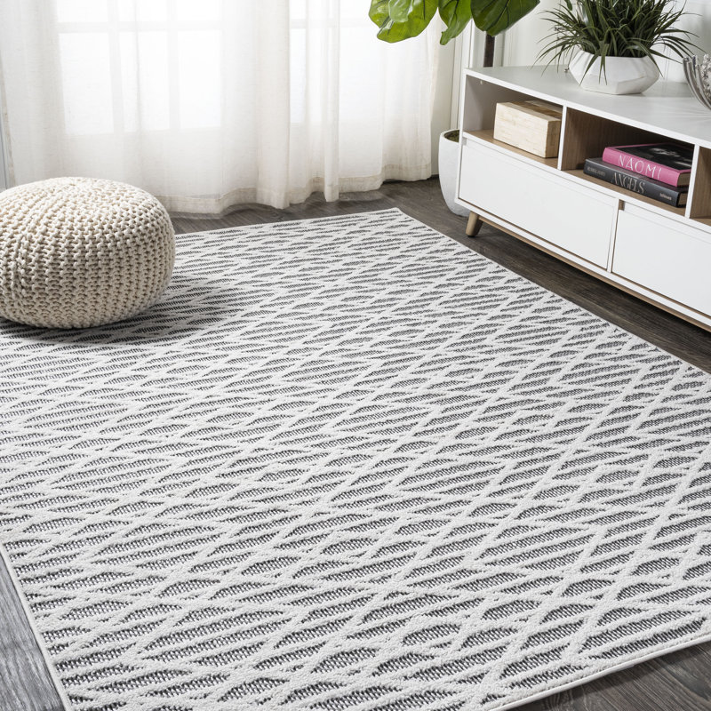 Diaundra High-Low Pile Moroccan Diamond Modern Black/Ivory Indoor/Outdoor Rug, Rectangle 3' x 5'