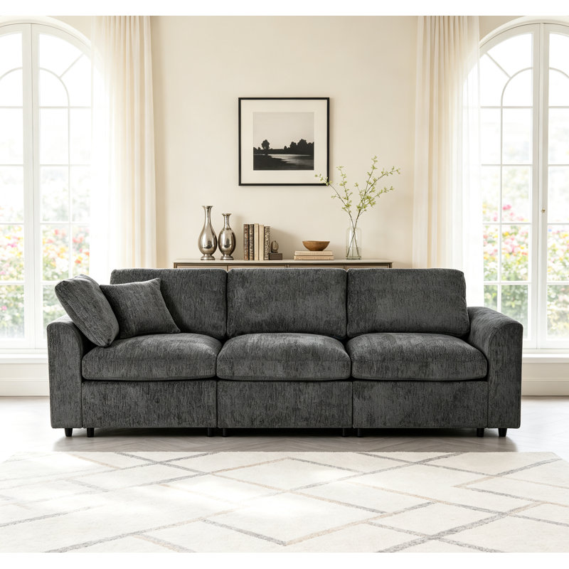 Canapé modulaire moderne en chenille de 101 po avec 2 coussins décoratifs, canapé rembourré à 3 places et siège profond avec structure en bois massif pour salon, appartement et chambre à coucher