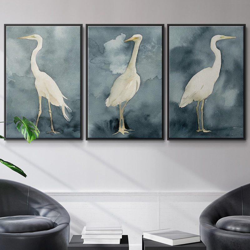 «Simple Egret I», ensemble de 3 toiles encadrées, H 27 po x l 54 po, Noir