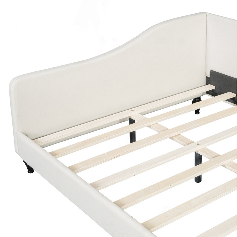 Full Size L-Shaped Linen Daybed, With Solid Wood Legs, Beige, Beige, Full