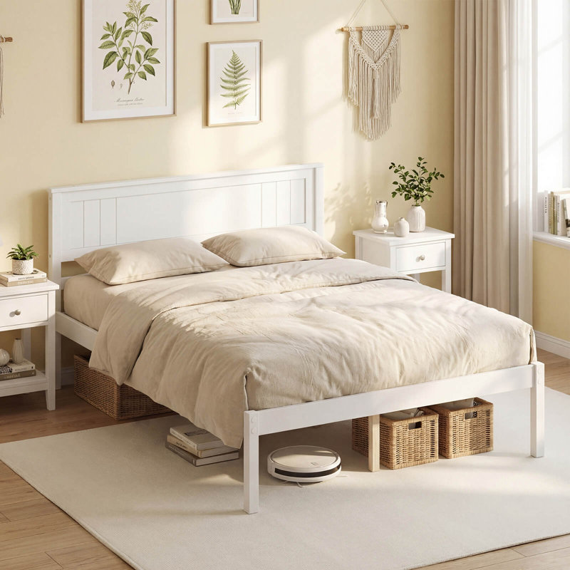 Structure de lit plateforme en bois pleine grandeur avec sommier pour tête de lit, blanc, Full / Double