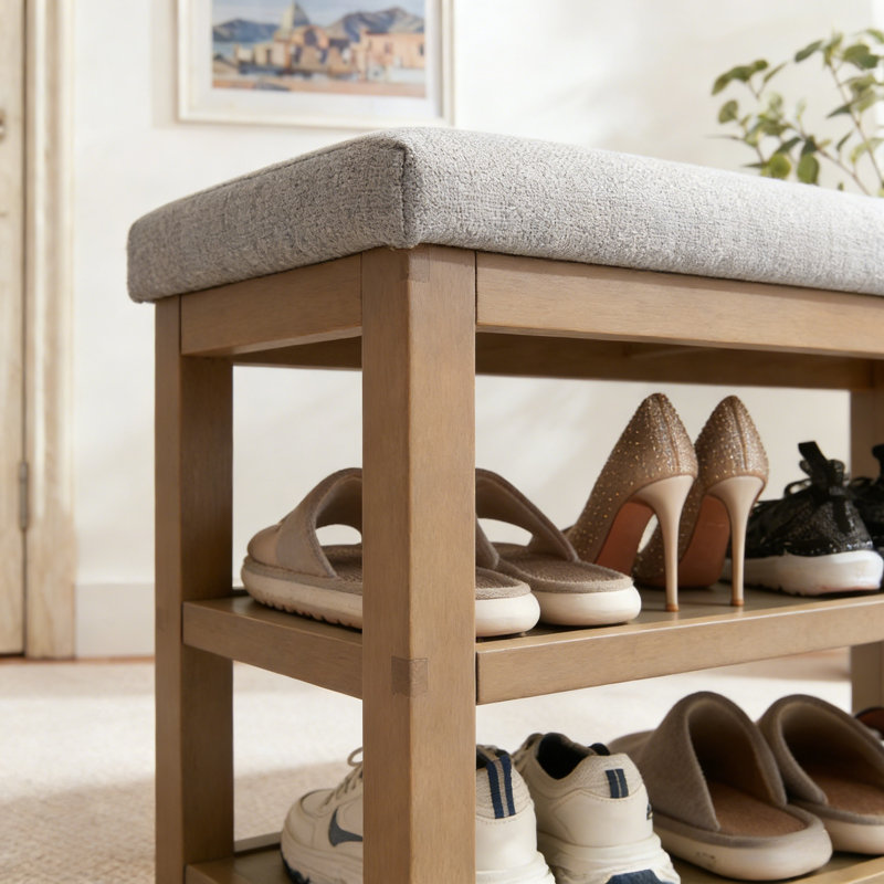 Banc de rangement avec coussin Mid-Century, Light Yellow Wood/Gray