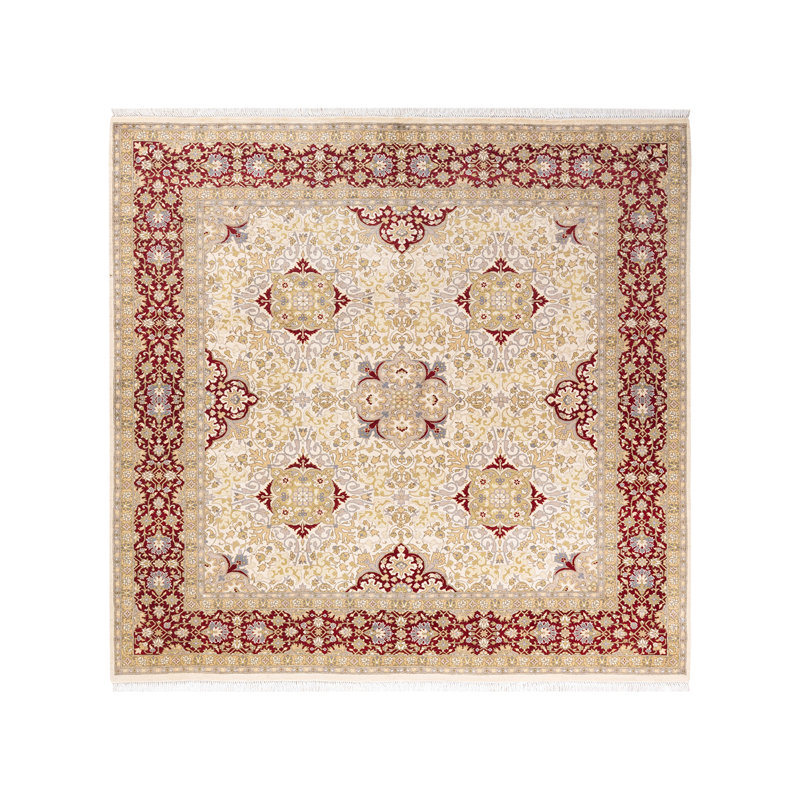 Tapis unique noué à la main Keenan - ivoire / rouille / jaune, 6 pi 2 po x 6 pi 7 po