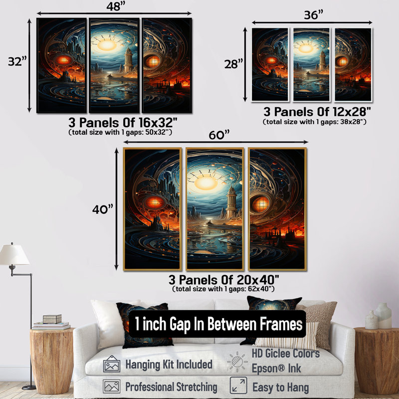 «Eclipse Over Arcadia Mystic Towers», ensemble d'art mural City Fantasy, Cadre flottant noir, H 28 po x l 36 po x P 1 po