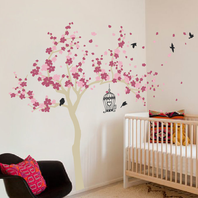 Décalcomanie murale Arbre en fleurs et oiseaux, Rouge à lèvres/rose, H 60 po x l 77 po x p 0,01 po