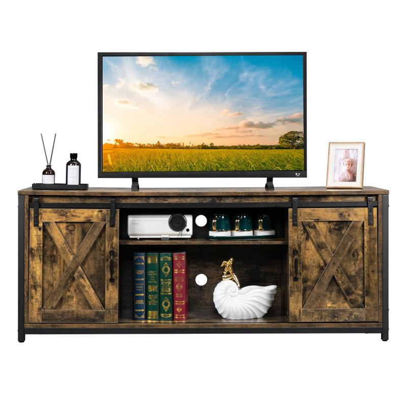Brown TV Stand With Sliding Double Barn Doors And X-Panel Industrial Style Fits 55-Inch To 65-Inch Tvs