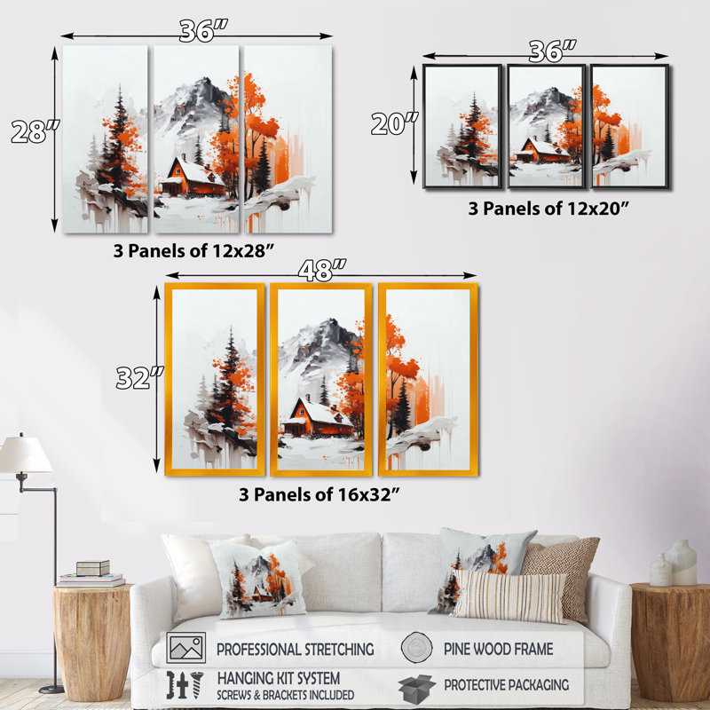 Monochère orange chalet en hiver 1 I - ensemble d'art mural sur toile paysage, H 32 po x l 48 po x P 1 po, Cadre noir