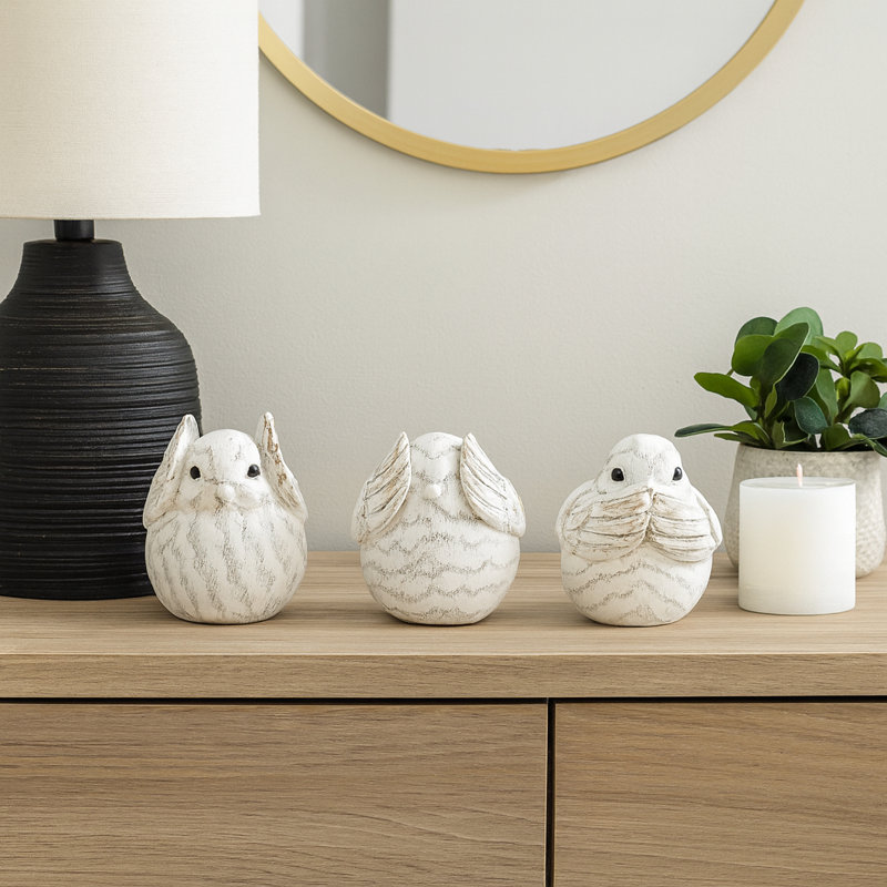 Decorative Resin Bird Figurines for Living Room Decoration - Elegant Animal Sculptures for Tables, and Home Decor - Set of 3, 7", 6", 6", Ivory & Tan