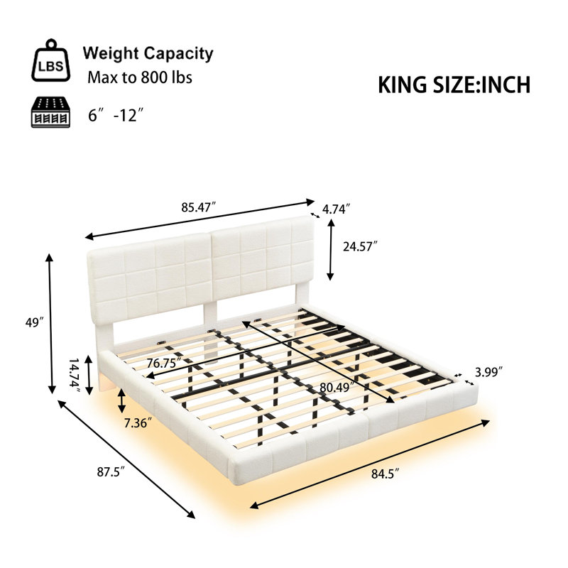 White  Boucle Floating Bed With Light,King, King