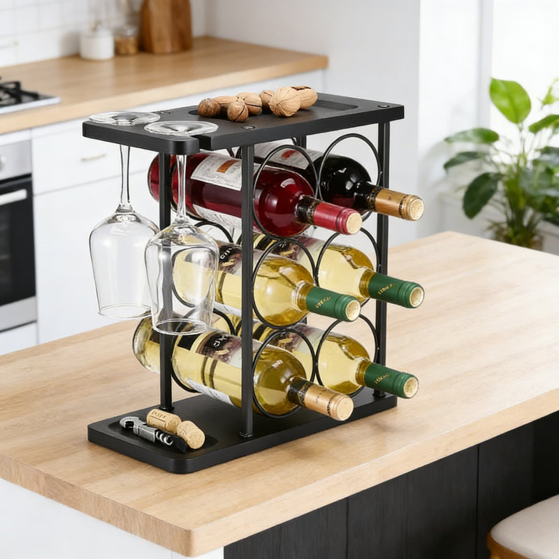 Support à vin de comptoir moderne à 6 bouteilles avec porte-verres à vin intégré et plateau à tire-bouchon, organisateur tout-en-un peu encombrant pour le bar et la cuisine