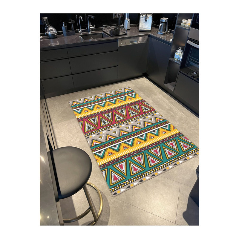 Tapis décoratif à motif géométrique triangulaire vert et jaune, Sous-tapis rectangulaire de 3 pi 3 po x 4 pi 11 po