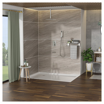 Brushed Nickel Shower System with Waterfall Tub Spout, 12-Inch Ceiling Mount Rain Shower Head, Handheld Spray, and Pressure-Balanced Rough-In Valve