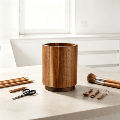 Porte-ustensiles en bois d'acacia pour comptoir de cuisine avec rotation à 360 degrés, base antidérapante, porte-spatule de grande capacité pour l'organisation du comptoir, décor de cuisine rustique de ferme, finition en bois naturel de qualité supérieure