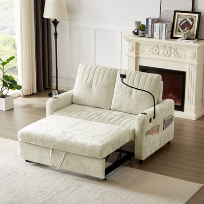 Canapé-lit moderne avec causeuse escamotable avec dossier réglable, plusieurs ports de charge et poches de rangement pratiques pour le confort du salon