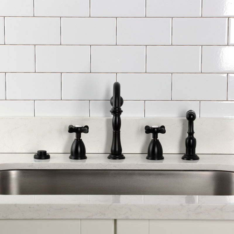 Kingston Brass Essex Double-Handle 4-Hole Widespread Kitchen Faucet With Brass Sprayer, Matte Black
