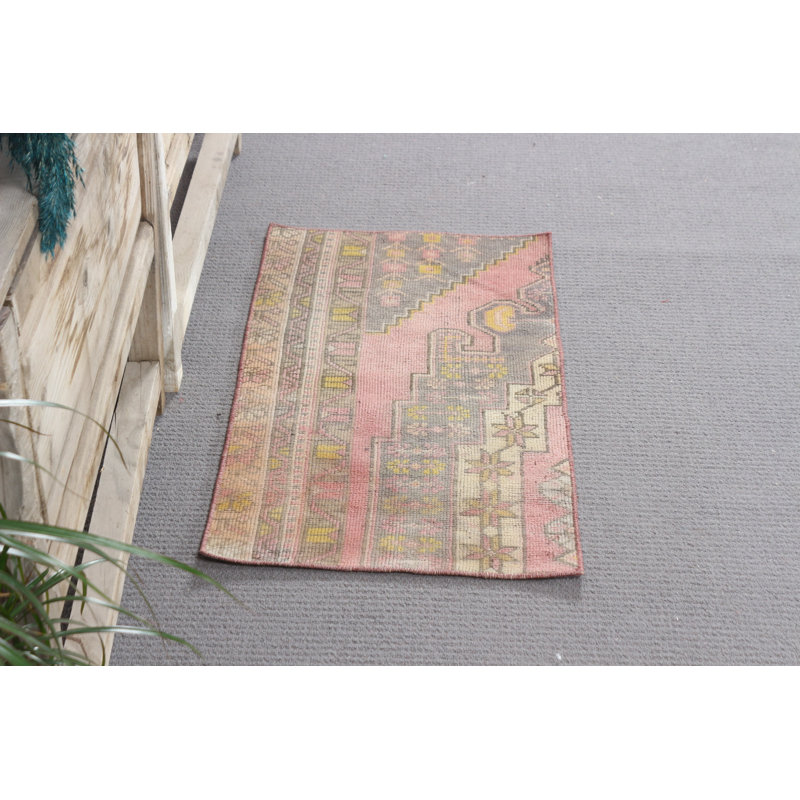 Vintage Turkish Handwoven Wool Rug in Pink for Small Entryway Decorations and Boho Style Interiors