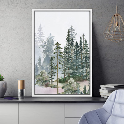 Woodland Forest Landscape "Watercolor Green Pine Tree Artwork, Modern Rustic Nature Scenery Wall Pictures, Large Framed Canvas Giclee Print Wall Art"