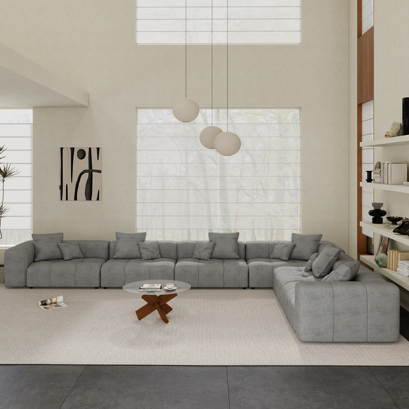 Kay Crumley Upholstered Modern Linen Blend Fabric Sectional Sofa, White Linen Blend, Left Hand Facing
