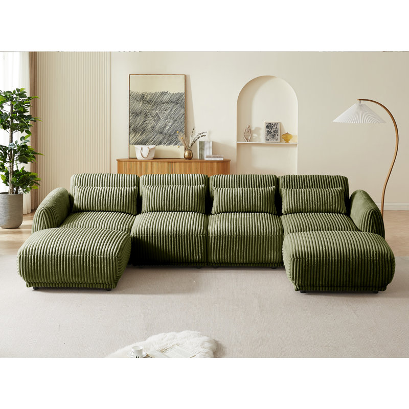 Canapé modulaire 6 pièces Clermeau, Velours côtelé vert
