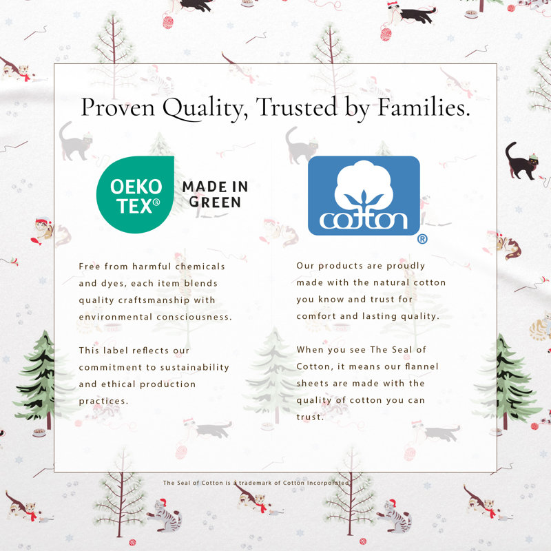 100% Turkish Cotton Flannel Christmas Sheet Sets, Winter Cats, California King with 2 Pillowcases
