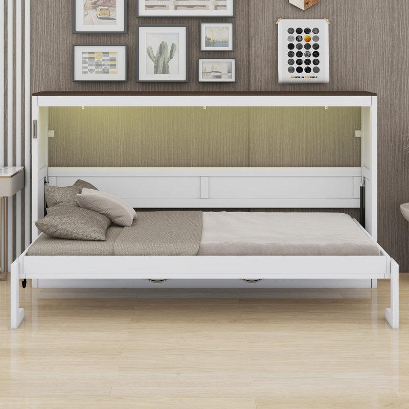 Lit escamotable élégant avec éclairage DEL, Blanc + brun