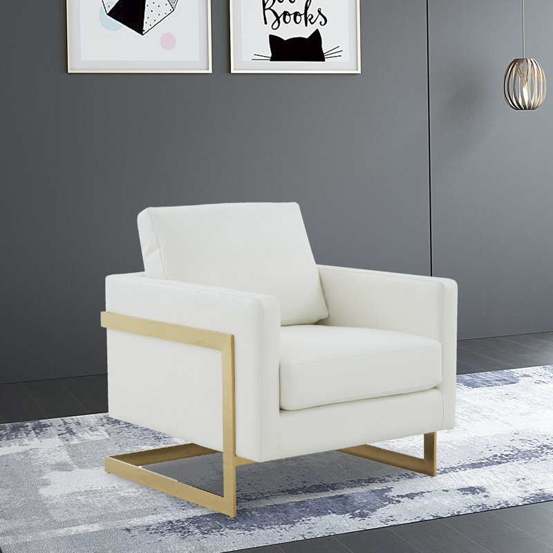 Lincoln Modern Leather Accent Chair with Gold Stainless Steel Base – Contemporary Boxy Armchair, Single Seater Side Chair for Living Room, Bedroom, Office & Lounge