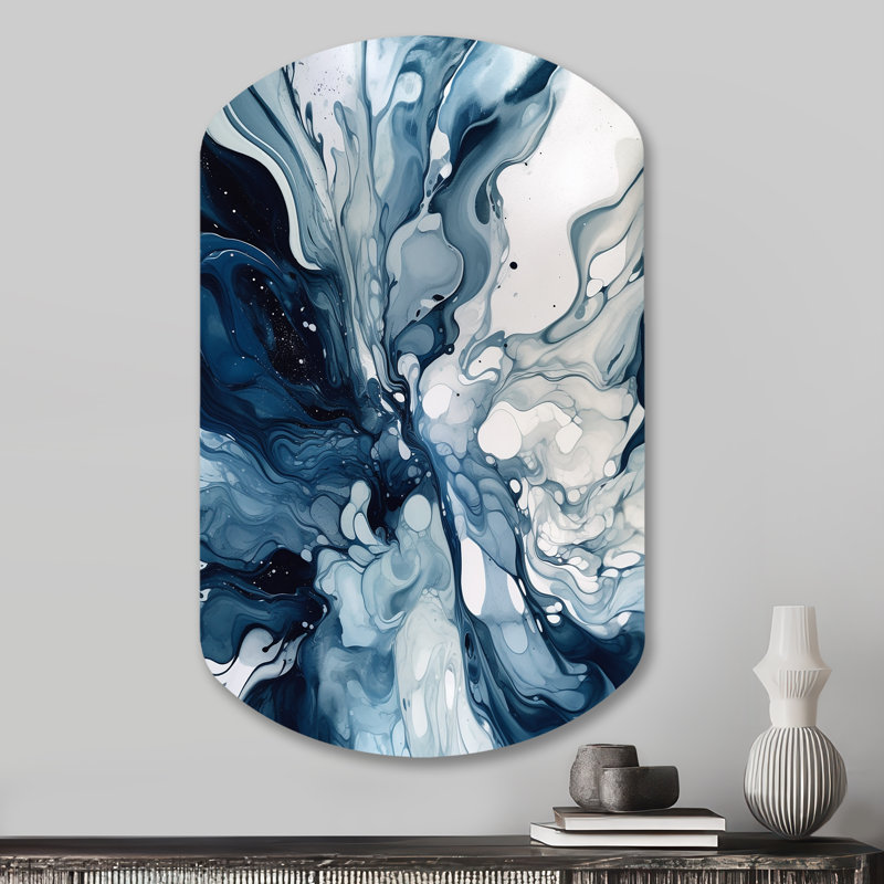 Cinque - art abstrait cylindrique en métal, impression asymétrique bleue sur métal, H 31 po x l 19 po