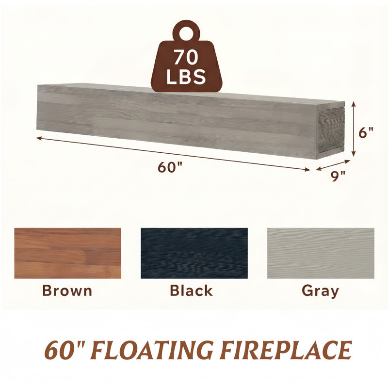 Manteau de cheminée en bois rustique 60 ", tablette murale et flottante pour décoration intérieure, Gris, 60"
