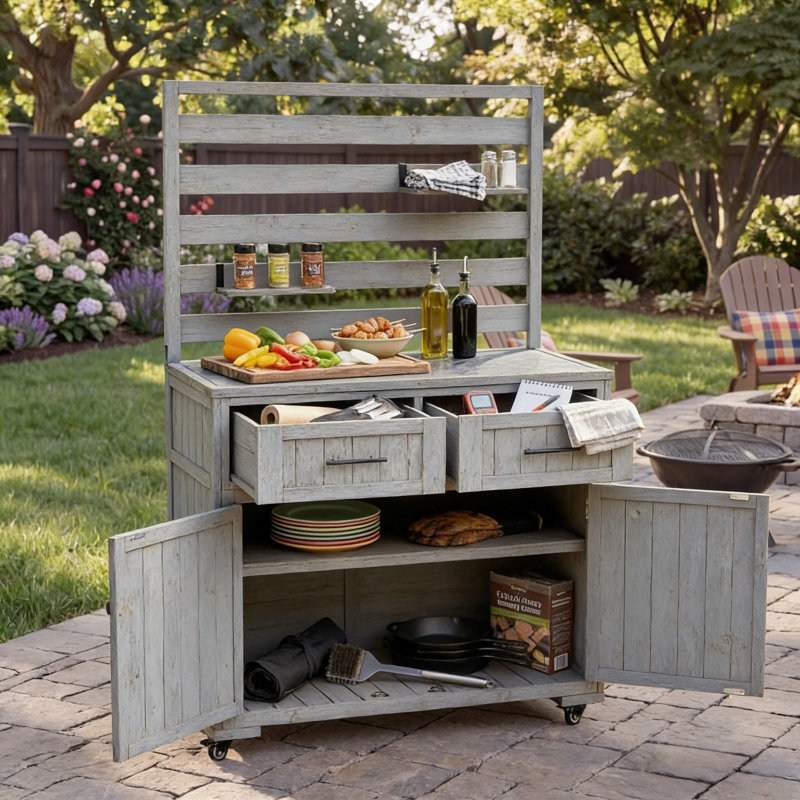 Îlot de cuisine 65 po avec plateau en acier inoxydable, table de préparation pour barbecue en bois massif et banc de rempotage avec 2 tiroirs 65 po