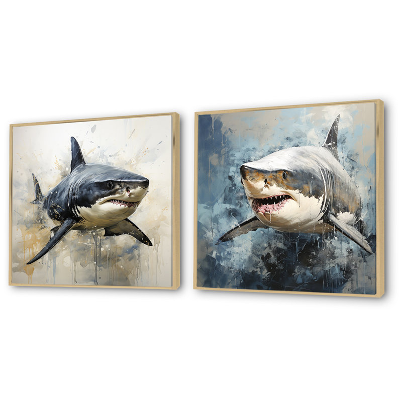 Grey Shark Shadows I - Coastal Animal Wall Art Prints Set Of 2, 36" H x 73" W x 1.5" D, Brown Floater Framed