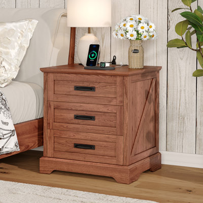 Farmhouse Nightstand with Charging Station, 3 Drawers Bedside Table, 22-inch Wide End Table for Bedroom, Living Room