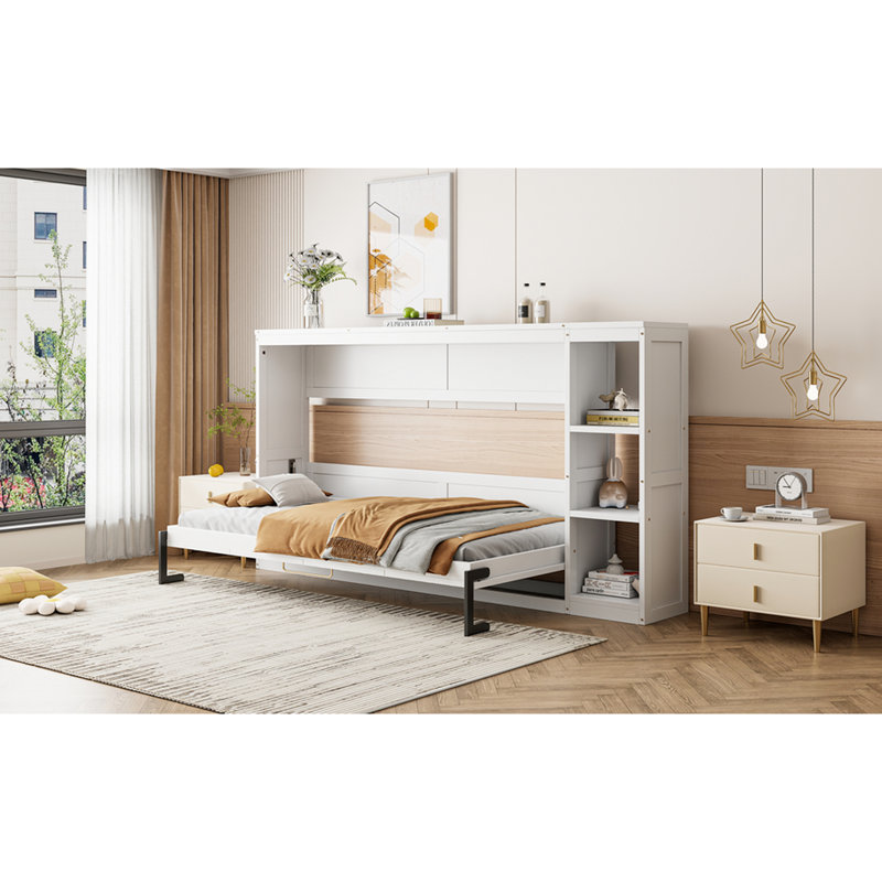 Lit simple blanc avec armoire de rangement à tablettes - et élément d'économie d'espace, Lit simple